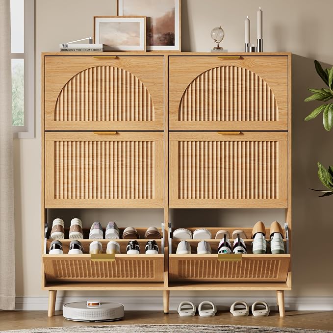 Xixini Shoe Storage Cabinet with 6 Flip Drawers, 50" Tall Narrow Wood Fluted Shoe Organizer for Entryway, Freestanding Wooden Hidden Slim Shoe Rack for Front Door Entrance, Hallway, Foyer, Natural Oak