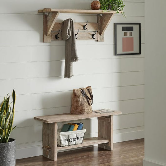 Alaterre Furniture Bethel Wall Mounted Coat Rack & Bench Set – Rustic 40-Inch Entryway Organizer with 5 Coat Hooks, Solid Wood Seat & Storage Shelves for Mudroom or Foyer (Driftwood Finish)