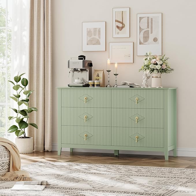 GarveeHome Fluted Dresser for Bedroom, 54 Inch Wide 6-Drawer Wood Dresser, Modern Chest of Drawers, Storage Organizer Cabinet for Living Room, Hallway, Entryway, Green