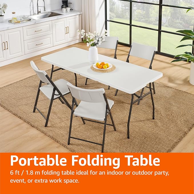 Amazon Basics Heavy Duty Portable Folding Table, 6 ft, Indoor & Outdoor, Fold-in-Half Design with Carrying Handle, White | Portable