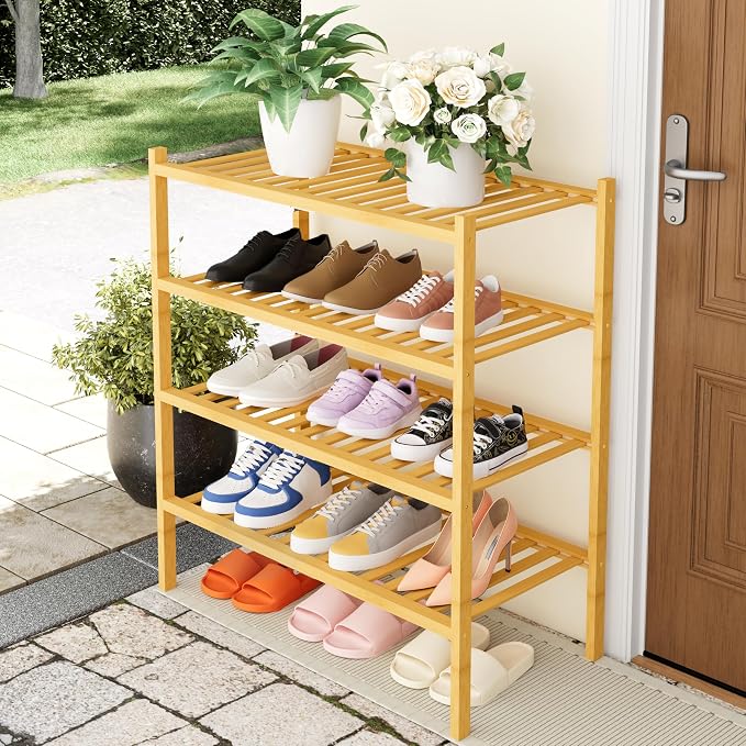 Smiry Bamboo Shoe Rack, 4 Tier Free Standing Wooden Shoe Organizer, Stackable Wood Shoe Storage Shelf for Closet, Entryway, 14 Vertical Slats, 2+2 Stack Heavy-Duty Legs, 26.8"x11"x26", Natural