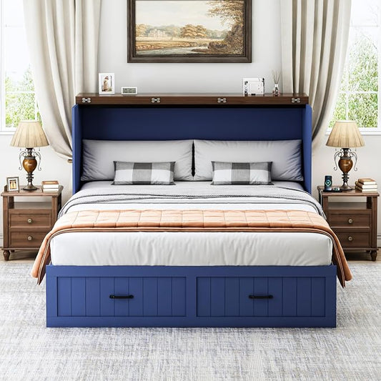 Queen Murphy Bed with Storage & Charging Station, Farmhouse Murphy Cabinet Bed with Large Drawer, Hideaway Foldable Platform Bed for for Guest Room, Bedroom, Home Office, Blue