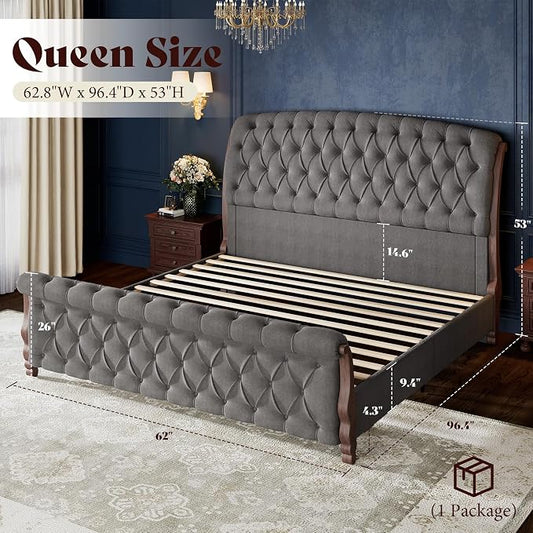 AMERLIFE Upholstered Queen Bed Frame, 53" Tall Sleigh Bed with Button Tufted Chenille Headboard and Footboard, Platform Bed with Carved Solid Wood Legs, No Box Spring Needed, Dark Gray