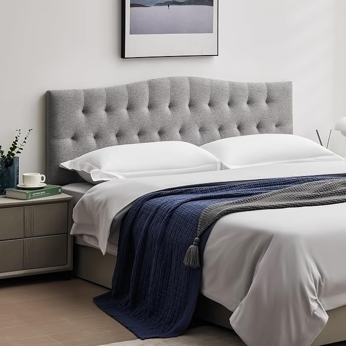 Tufted Upholstered King Size Headboard Only, Adjustable 38-50 in, Gray | King Headboard for King Size Bed, Durable Linen Fabric Headboards, Modern Diamon Design Wood Head Board