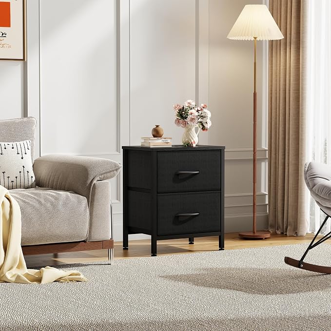 Sweetcrispy Nightstand with 2 Storage Drawers, Small Bedside Table, Black | 20" Height End Table, Wooden Top Fabric Cabinet for Bedroom, Furniture, Closet, College Dorm