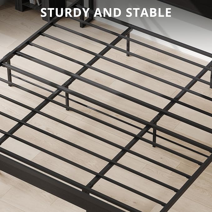 LIKIMIO King Bed Frame with Headboard, Dark Wood Camas King with Strong Supports, Sturdy, Noise-Free, No Box Spring Needed, Classic Black