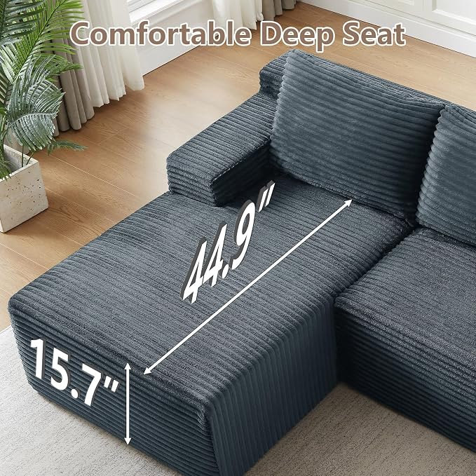 96" Cloud Sectional Couch U-Shaped Chaise with Ottoman, Corduroy Boneless Couch for Living Room Bedroom, Deep-Seat Upholstered Modular Cloud Sofa, No Assembly Required (Grey, Left Facing Chaise)