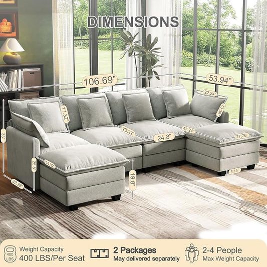 107" Cloud Couch Sectional, U Shaped Modular Sectional Sofa, 4-Seat Deep Seat Couch with 6 Removable Washable Pillows and 2 Ottoman for Living Room, Bedroom, Apartment, Light Grey