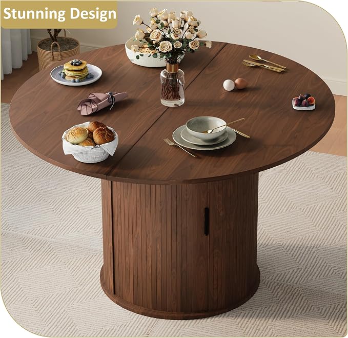 Dining Table for 4-6,59“Extendable Round Dining Room Kitchen Table with Storage,Round Table for Living Room,Fluted Wood Table with Slide Door,Expandable Oval Dinner Furniture with Pedestal Base,Walnut