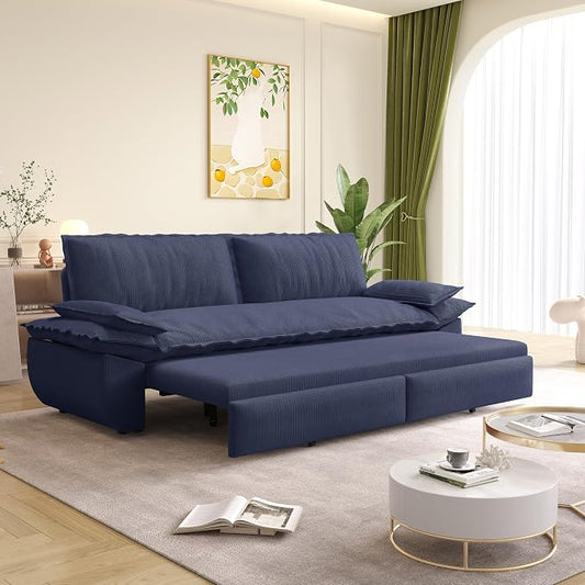 73.2" Sofa Bed Queen Size, Pull Out Couch Bed, 3-in-1 Convertible Sleeper Sofa with Cushion Armrest, Modern Corduroy Futon Couch for Living Room, Small Space, Apartment, Bedroom, Dark Blue