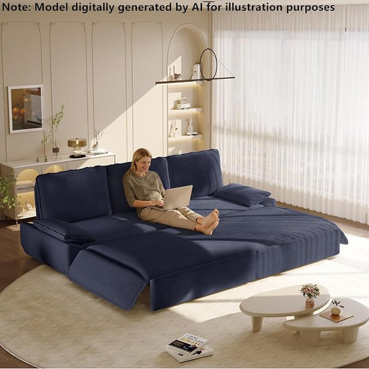 94.5'' Sleeper Sofa Bed King Size, Modern Corduroy Pull Out Couch, 3-in-1 Convertible Futon Sofa, 3 Seater Couches, Cloud Recliner, Pillow Arm, for Living Room, Apartment, Offices, Dark Blue