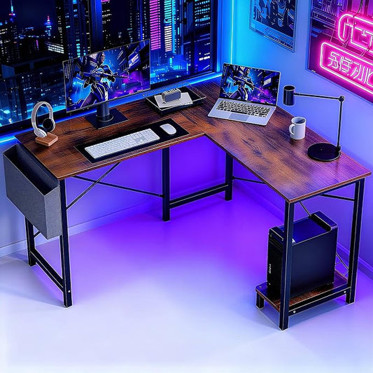 OLIXIS L Shaped Desk, 50-Inch Office Computer Gaming Desks Corner PC Table with Side Bag and Reversible Shelf for Home Work Study Writing Rustic Brown