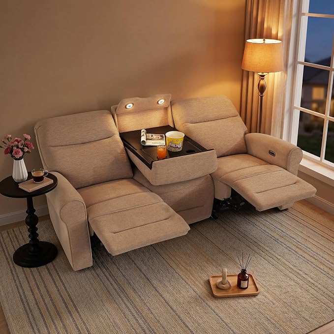 MCombo 87.8" Wall Hugger Power Reclining Sofa with Drop Down Table, 3-Seater Recliner Couch for Small Spaces Living Room RV, USB Ports, Fabric PR635M3 (Beige)