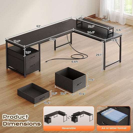 PRAISUN 63 Inch L Shaped Desk with Power Outlets and USB-C Port, Computer Corner Home Office Desk with File Fabric Drawers and Movable Monitor Stand, Larger Storage, Gaming, Writing, Work, Black