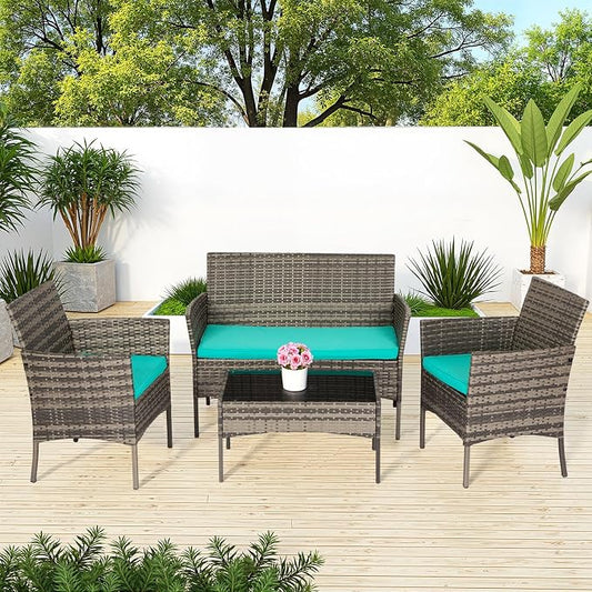 FDW Outdoor Patio Furniture Set Wicker Patio Set PE Rattan Furniture Bistro Set for Outdoor Indoor Use with Loveseats Coffee Table, Blue Cushions, 4 Pieces