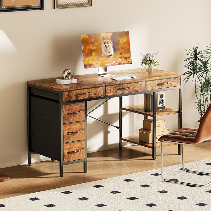Sweetcrispy 55" Computer Desk with 6 Drawers, Home Office Gaming Desks with Storage Shelves for Bedroom, Writing Study Corner Living Room Work Table, Brown