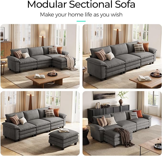 LINSY HOME 123'' Modular Sectional Sofa 3 Seat Couch Corduroy Cloud Couch with Deep Seat, Modern L-Shaped Cloud Couch with 1 Movable Ottoman for Living Room, Office, Bedroom, Grey