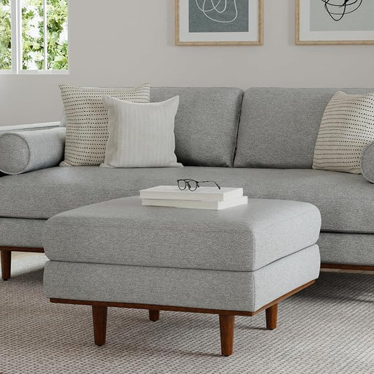 SIMPLIHOME Morrison 33-inch Wide Table Ottoman in Mist Grey Woven-Blend Fabric, Multifunctional Footrest, Coffee Table, or Extra Seating for Living Room, Mid-Century Modern Style