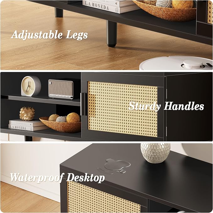 SUPERJARE TV Stand for 65 Inch TV, Entertainment Center with Adjustable Shelf, Rattan TV Console with 2 Cabinets, Media Console, Solid Wood Feet, 4 Cord Holes, for Living Room, Black