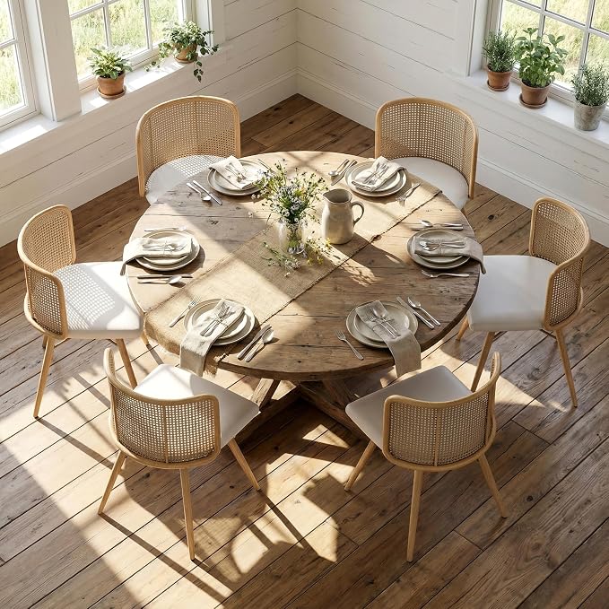 TYBOATLE Farmhouse Rattan Dining Chairs Set of 4 (Cream White) | Boho, Natural Cane Woven Back, Faux Leather Seat, Metal Legs, Upholstered, Kitchen, Dining Room