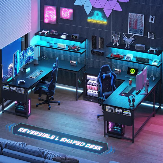DurayLoly L Shaped Gaming Desk with No Side Bar Shelf for Small Space,Black | Open-Side Storage Rack with Printer Space and Hooks, Neat Arrangement & High Space Utilization