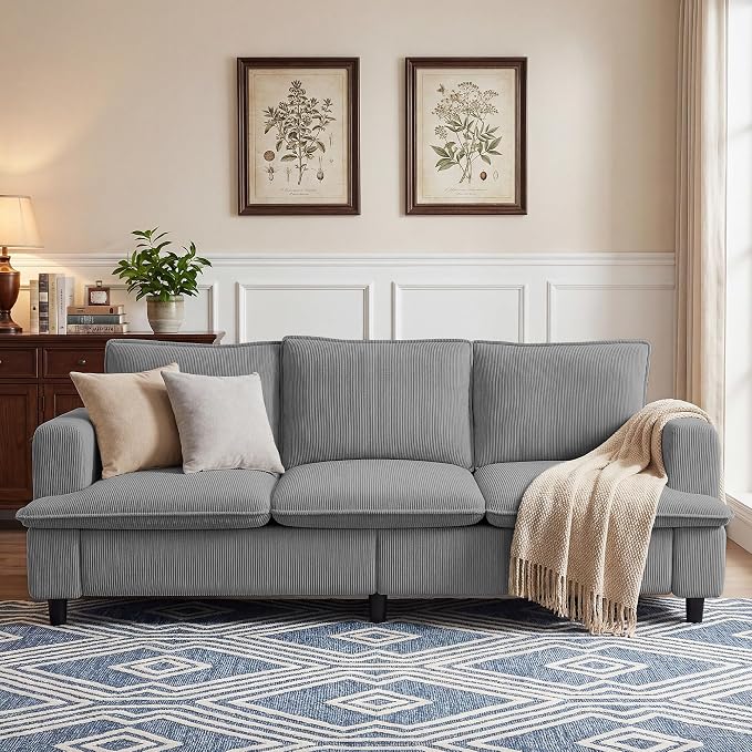 GRUSIGN 3 Seater Couch, 83" Comfy Corduroy Sofa with Deep Seat, Modern Sofa Couch for Living Room, Office, Bedroom, Apartment (Pillows not Included)