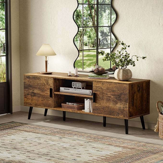 SUPERJARE TV Stand for 55 Inch TV, Entertainment Center with Adjustable Shelf, 2 Cabinets, TV Console Table, Media Console, Solid Wood Feet, Cord Holes, for Living Room, Bedroom, Rustic Brown