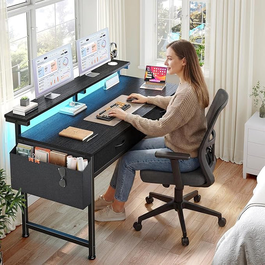 DurayLoly 47.3Inch Gaming Desk with LED Lights with 2 Drawers, Home Office Desk Computer Desk with Side Pocket & Ergonomic Monitor Stand, Small Space Study Writing Table with Anti-Tip Design,Black
