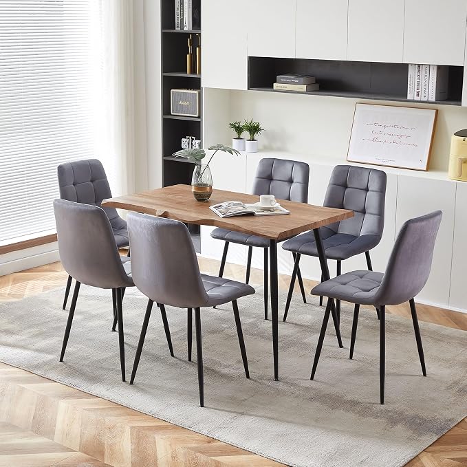NORDICANA Grey Velvet Dining Chairs Set of 6, Upholstered Tufted Kitchen Chairs, Comfortable Seat, Metal Leg, Easy Assembly