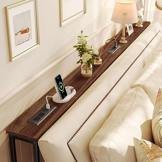 SUPERJARE 79 Inch Sofa Table with 2 Power Outlets and USB-C Ports, 5.9 Inch Narrow Console Table with Storage, Long Entryway Hallway Couch Table Behind Sofa, Small Spaces, Walnut