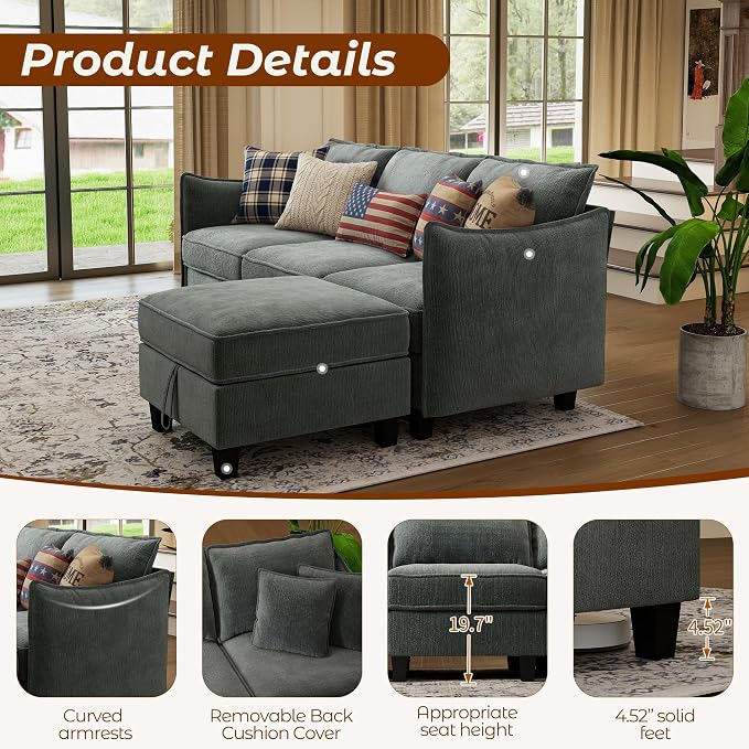 WorthFurni Modular Sectional Sofa L Shape Couches with Storage Ottoman and Washable Cushion Cover for Living Room, Apartment, Bedroom(Grey)