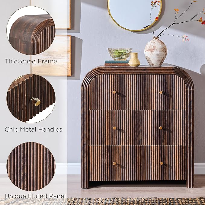 T4TREAM Fluted Dresser with 3 Drawers, 32" Tall Modern Chest of Drawers with Thickened Curved Profile Design, Wood Closet Clothes Storage Organizer for Bedroom, Living Room, Hallway, Dark Walnut