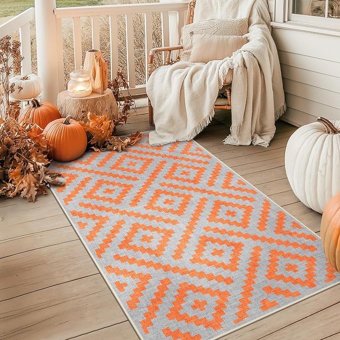 GENIMO Outdoor Rug for Patio Clearance, 3'x5' Indoor Area Rug, Waterproof Reversible Fall Doormat, Outside Camping Carpet for Porch, Living Room, Balcony, Deck, Bedroom, Picnic, Grey Orange