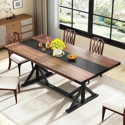 70 INCH Dining Room Table for 4-6 People,Wooden Rectangular Kitchen Table W/Waterproof Thickness Tabletop,Farmhouse Long Dinner Table W/Adjustable Leg for Dining Room,Living Room,Office(Brown&Black)