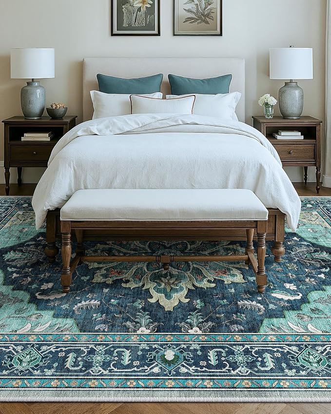 RELEANY Area Rugs Large 9'x12' Washable Non-Slip, Floral Vintage Distress Medallion Carpet for Living Room Bedroom Dining Room, Teal Green Lake Blue Turquoise