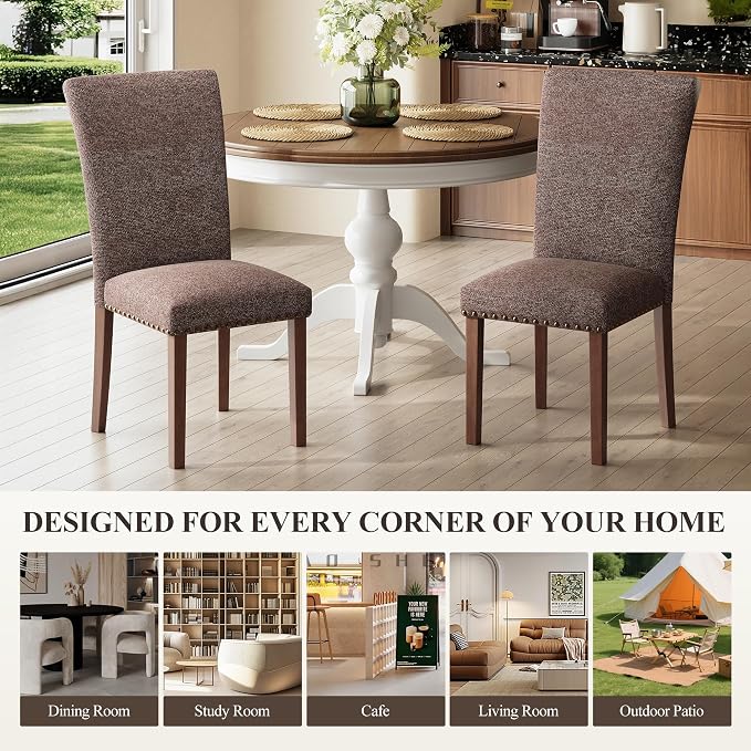 COLAMY Upholstered Dining Chairs Set of 6, Parsons Nailhead Dining Room Kitchen Chairs with Wood Legs - Brown