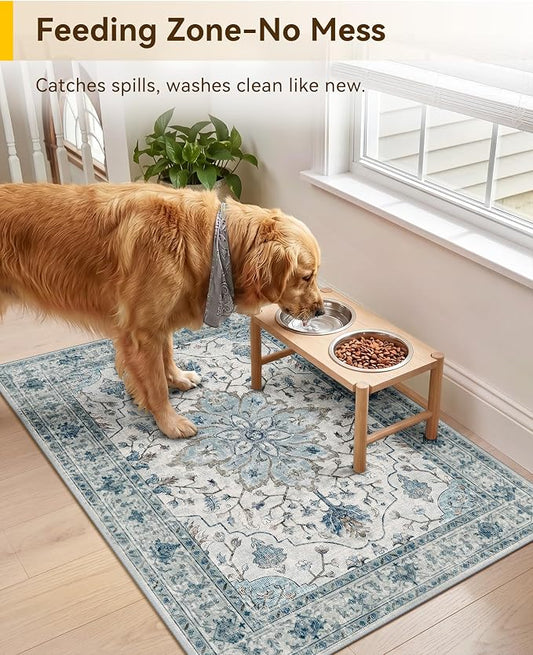 RELEANY Area Rugs Small 2'x3' Washable Non-Slip, Floral Vintage Distress Medallion Carpet for Kitchen Entryway Bathroom, Light Blue Navy Gray White