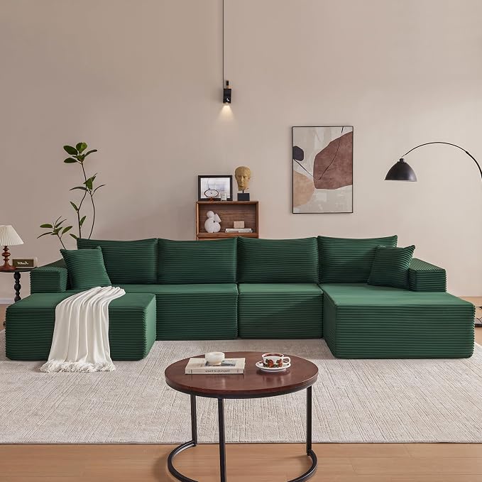 Mangodan 140” Cloud Sectional Couch, Boneless Sofa for Living Room, Modular Sectional Sofa with Deep Seat, Comfy Fluffy U-Shaped Couch with Right-Facing Chaise, No Assembly Required, Green