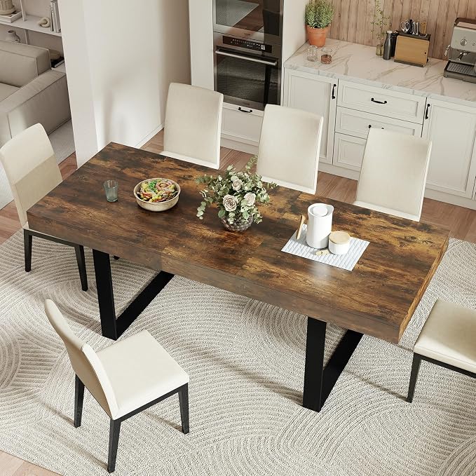 Zevemomo 63"-78.7" Extendable Dining Room Table for 6-8, Expandable Dinner Table Rectangular Kitchen Table Farmhouse Wooden Tables for Dining, Kitchen, Office, Living Room, Space Saving-Rustic Brown