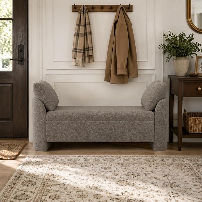 Usaint 58.3" Storage Ottoman Bench with Pillows, Upholstered End of Bed Bench with Arms, Footrest Stool Bench for Bedroom, Living, Window, Entryway and Hallway, Brown