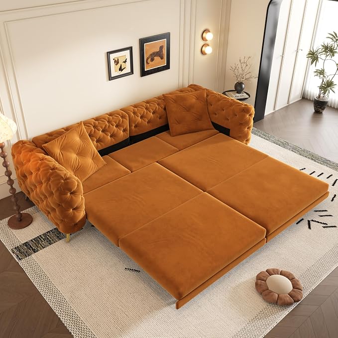 97.7" Convertible Queen Sleeper Sofa with Ottoman - Button Tufted Pull Out Sofa Bed, Velvet King Size Couch Bed & Vintage Deep Seat 4-Seater Couch for Small Spaces, Apartment & Living Room, Orange | Button Tufted