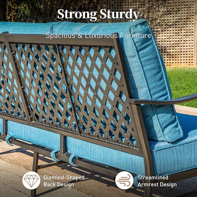 SUNSHINE VALLEY Metal Patio Furniture Sofa with 5.75" Extra Thick Waterproof Cushion, 3-Seater Deep Seating & High-Back Outdoor Couch All Weather Outdoor Seating for Backyard Deck Front Porch, Blue-2