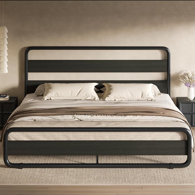 SHA CERLIN Full Size Metal Bed Frame with Wooden Headboard and Footboard, Heavy Duty Oval-Shaped Platform Bed Frame with 10" Under-Bed Storage, Noise Free, No Box Spring Needed, Black