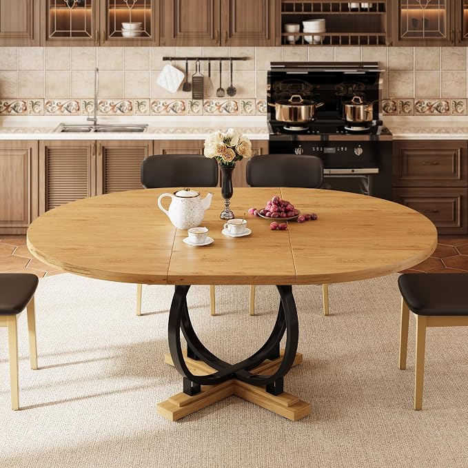iPormis 59'' Extendable Round Dining Table for 4 to 6, Kitchen Table with Sturdy X-Base Metal Legs, MDF Board with Backboard Clasp, Space Saving, Easy Assembly, Kitchen, Dining Room, Oak