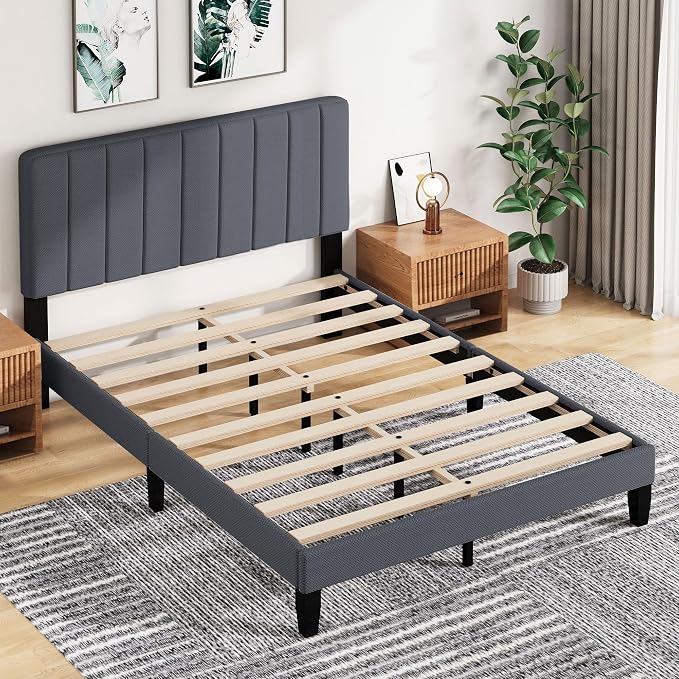 Queen Size Bed Frame with Headboard, Platform Bed with Soft Linen Upholstered Headboard | Wooden Slats Support | Adjustable Height | No Box Spring Needed, Queen Bed Frame Grey