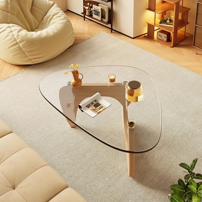 Coffee Tables Glass Small Farmhouse Coffee Table Mid-Century Modern Wood Center Table for Living Room, Original Transparent, 45 Inch