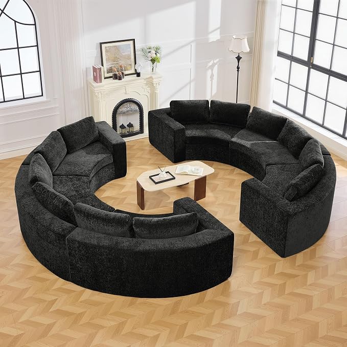 WUTUTUEE 142'' Curved Round Boneless Couch, Oversized Circular Sofa with Deep Seat & Arms, Chenille Modular Sectional Sofa with Pillows, Upholstered Comfy 12 Seat Couch for Living Room, Black