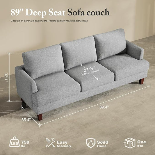 Busaurus 3 Seater Sofa Couch with Deep Seats, 89" Mid Century Modern Upholstered Sofa with Armrests, Comfy Couches for Living Room, Bedroom, Apartment and Office, Grey