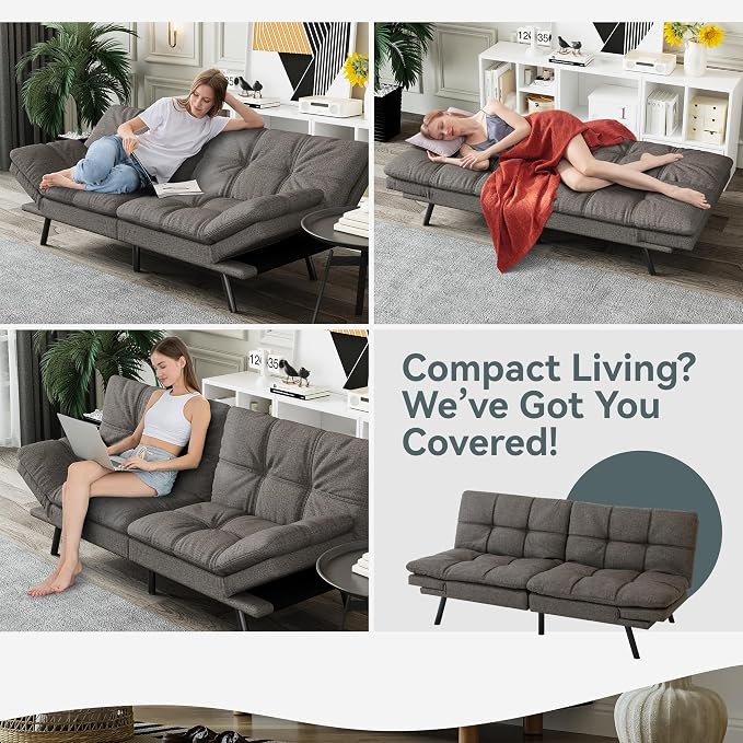 Futon Sofa Bed Convertible Couch, Grey Linen Sofa Bed with Memory Foam, Adjustable Backrest & Armrests, Multifunctional Small Loveseat Sleeper Sofa for Living Room, Apartment, Office