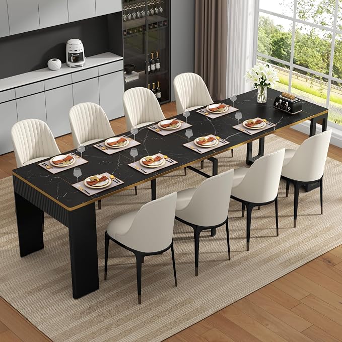 Extendable Dining Table, Transformer Folding Console Table for 2-8 People, 17"-112" Space Saving Dining Room Table, Wood Black Faux Marble Dining Table, Kitchen and Dining Room Furniture (No Chairs)